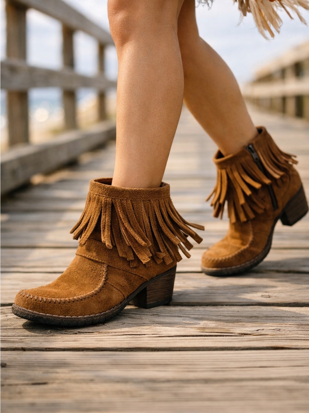 BORN Thora Fringe Moccasin Heeled Booties Size 8.5 Tan Color Bohemian Festival